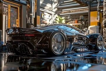 Obraz premium Sleek black sports car in a modern, high-tech environment.