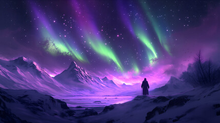 Fototapeta premium Beautiful northern lights in the sky over an arctic landscape, with purple and green colors, stars shining above.