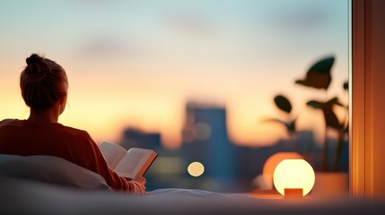 Cozy night reading with a charming woman in her softly lit bedroom
