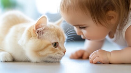 Bonding moments between a curious child and a playful cat in a cozy room