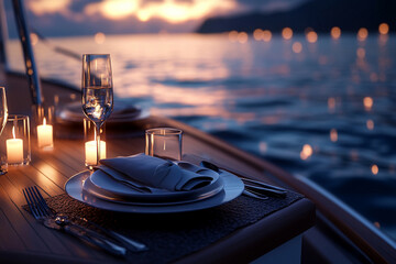 Obraz premium Candlelit dinner for two on the deck of a yacht, soft lighting and ocean waves adding to the atmosphere