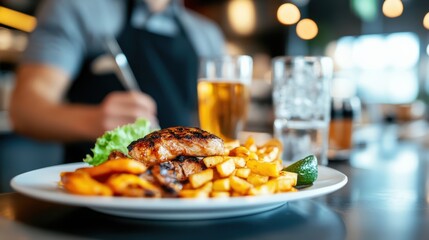 Delicious grilled chicken with fries at a cozy evening eatery