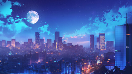 Obraz premium 輝く月と無数の星々が魅せる都会の夜景。優しい水彩画タッチの美しいアート。