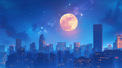 Naklejka premium 星空に包まれた都会の風景｜幻想的な夜景イラスト。優しい水彩画タッチの美しいアート。