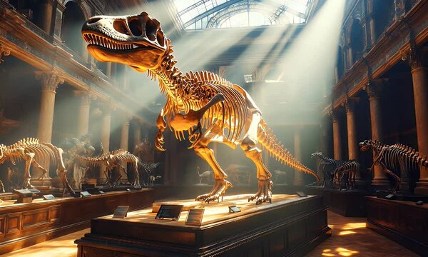 A dinosaur skeleton displayed in a grand museum, illuminated by sunlight through a glass ceiling.