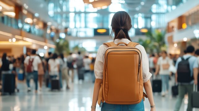 Travelers navigating an airport terminal in a vibrant atmosphere