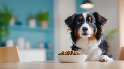 Happy border collie eagerly awaits its meal in a cozy home setting