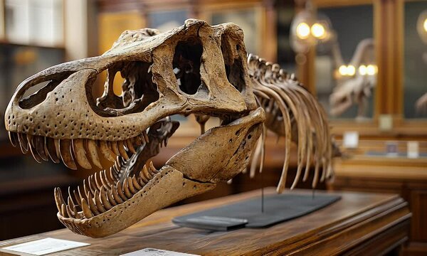 A dinosaur skull displayed in a museum, showcasing its intricate bone structure for educational purposes.