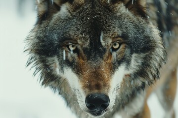 Obraz premium Eurasian wolf staring during snowfall in a winter wonderland, creating a captivating scene of wildlife