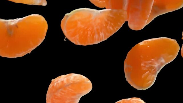 Close-up of the peeled tangerine pieces falling and rotating on the black background in slow motion. High quality 4k footage