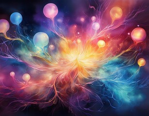 a watercolor painting of ions glowing in a colorful plasma cloud with soft gradients and ethereal light