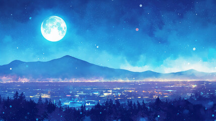 Fototapeta premium 都会のシルエットと夜空に輝く星々と月。優しい水彩画タッチの美しいアート。