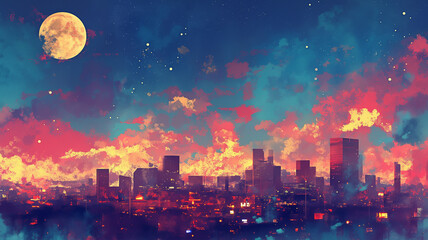 都会のシルエットと夜空に輝く星々と月。優しい水彩画タッチの美しいアート。
