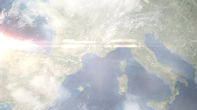 Earth zoom in from space and focus on Aubagne, France. Background for travel blog or intro. Satellite view. 3D style animation. Images from NASA.