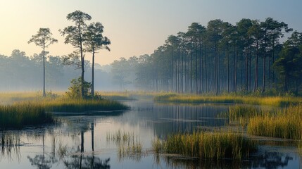 save our planet concept of a peaceful misty tropical grassland forest with natural swamp in the morning meadow sunrise nature field	