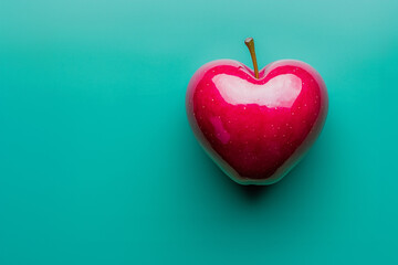 A red heart-shaped apple on a simple green background. The design features ample blank space, making it perfect for a Valentine’s Day gift card.