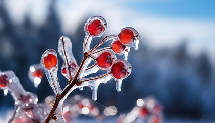 a red berry branch encased in a thin layer of glistening ice
