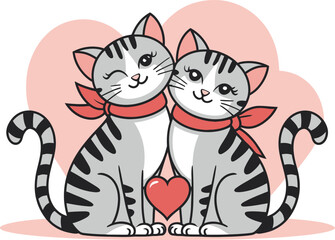 A vector design of two cat-loving embraces Valentine's Day with one eye blinking color illustration, cat with heart, cat lover Valentine's design