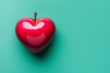 Obraz premium A red heart-shaped apple on a simple green background. The design features ample blank space, making it perfect for a Valentine’s Day gift card.