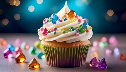 close up of a whimsical cupcake with creamy white frosting adorned with colorful gem like edible decorations in various shapes and vibrant colors giving it a luxurious and artistic appearance