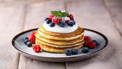 a stack of pancakes topped with whipped cream and fresh berries served on a plate