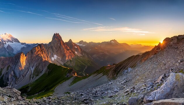 stunning vista of aiguille verte and les drus at sunrise dawn sunrise