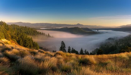 rolling fog along sandy river valley in clackamas county oregon during sunrise