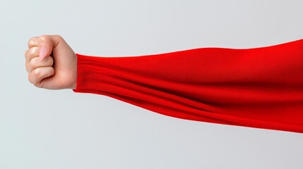 Female hand in a red scarf clenched into a fist, symbolizing resilience against violence, stark minimalistic background, focused detail on textures and colors