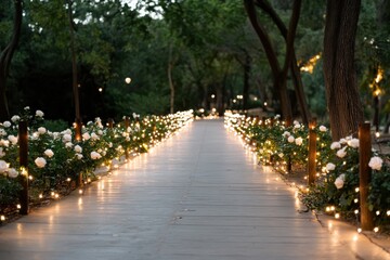Obraz premium This charming walkway, lined with lights and flowers, offers a magical experience for visitors, blending nature's beauty with warm illumination perfect for evening strolls.