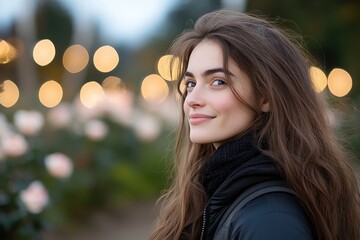 Obraz premium A young woman with long hair smiles softly, surrounded by blooming flowers and twinkling lights, embodying joy and the serene essence of a peaceful evening.