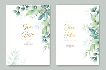 Watercolor wedding invitation card in green leaves
