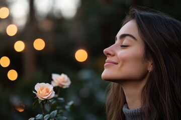 Fototapeta premium A young woman enjoys the tranquil moment surrounded by blooming roses, capturing a feeling of serenity and connection with nature in a softly lit setting.