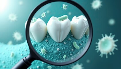 Magnified view of teeth and surrounding bacteria.  Oral hygiene and health are crucial for preventing infection.