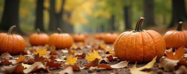 Scattered pumpkins, fallen leaves, blurred forest backdrop, forest, blurred