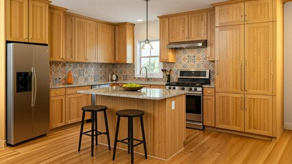 A modern kitchen with wooden cabinets, stainless steel appliances, and a central island with stools.