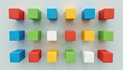 Obraz premium Colorful blocks arranged in a grid pattern against a light-blue background. A simple, visually appealing image perfect for backgrounds or presentations.