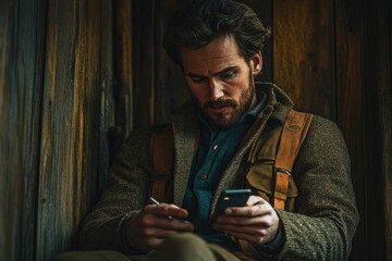A bearded man sits in a wooden alcove, using his smartphone and a pen, seemingly engrossed in his task.