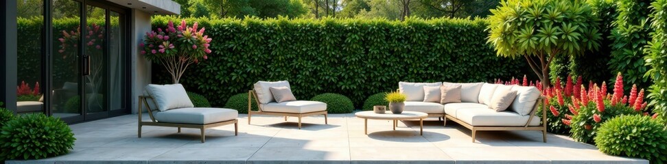 Sleek patio with minimalist outdoor furnishings amidst lush greenery and vibrant flowers, minimalist style, outdoor furniture, contemporary home