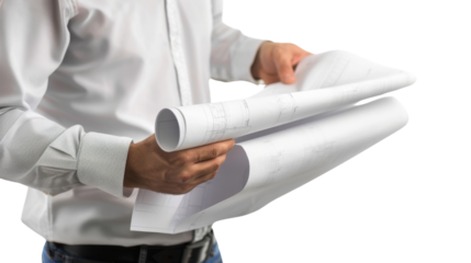 
Engineer holding blueprints on transparent background 