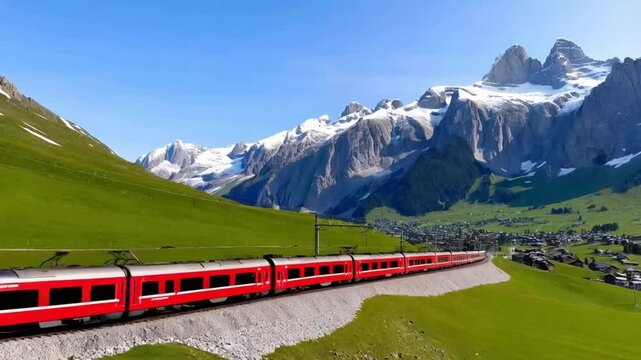 alpine railway in Switzerland, red Swiss train moving in the Alps, scenic mountain range with a train, Swiss tourism and Swiss transport infrastructure concept