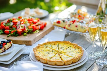 A lively outdoor brunch with vegetarian options, featuring quiche, fruit salad