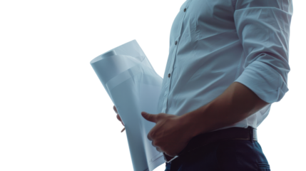 
Engineer holding blueprints on transparent background 