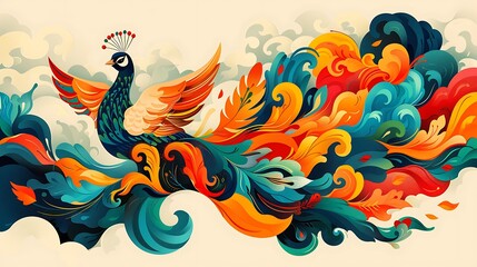 Obraz premium Colorful peacock in flight, swirling clouds, Asian art style, decorative banner