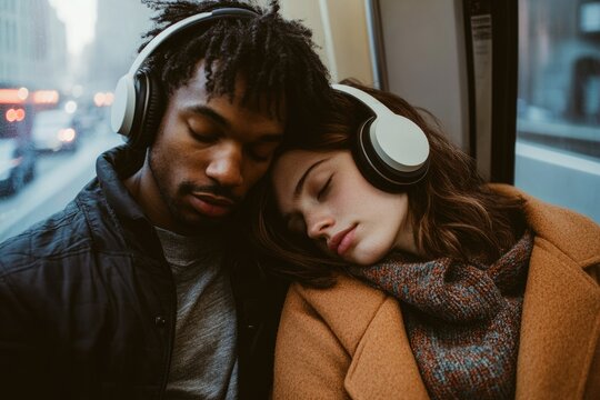 A young couple, wearing headphones, rests their heads together while listening to music on public transport. - Powered by Adobe