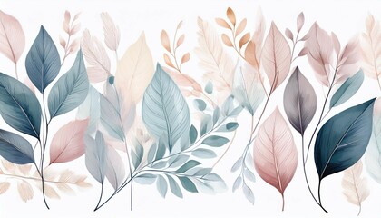 watercolor leaves arranged in neutral pastel tones showcasing a minimalist and elegant design with soft colors isolated on white background