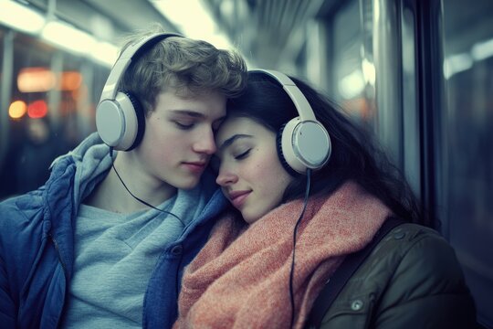A young couple, cuddling on public transport, listens to music through headphones, lost in their intimacy. - Powered by Adobe