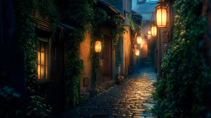 Fototapeta premium A narrow, winding alleyway deep within an old town, where ivy-covered walls frame a cobblestone path bathed in the soft glow of lanterns
