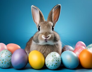 adorable bunny among colorful speckled easter eggs on light blue background