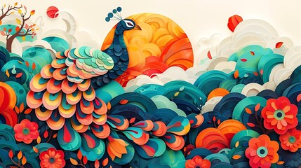 Obraz premium Colorful peacock sunset paper art, floral background