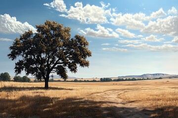 Fototapeta premium Serene landscape with a solitary tree under a blue sky.